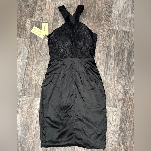 Cocktail Semi Formal Satin Black Lace Halter Dress - Picture 4 of 6